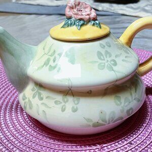 Capriware Floral Ceramic Teapot VTG 2pc Green Yellow white
